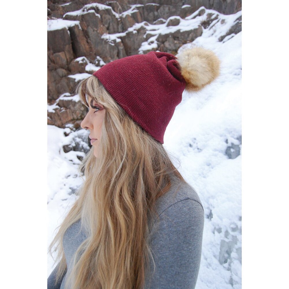 REAL FOX FUR Puff Beanie (Wine)